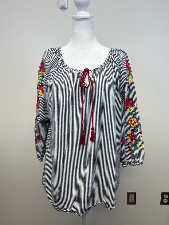 Westport Tops - Westport Navy White Striped Embroidered Flowers Long Sleeve Top Boho Chic XL